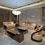 White and Brown Leather Sofa Set with Button Tufting Craftsmanship, Natural Wood Veneer & Gold Stainless Steel Trim